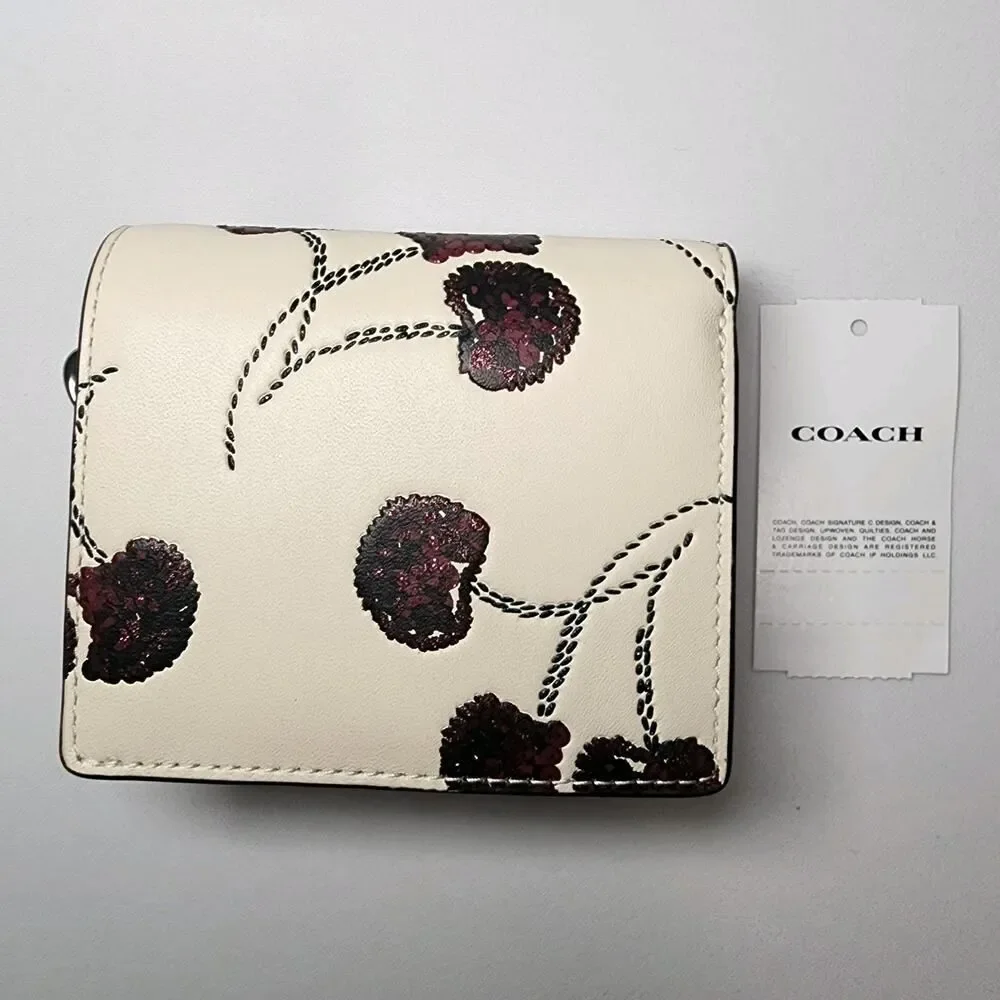NWT Coach CDF19 Leather Snap Wallet w/ Cherry Print Chalk